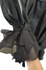 Prettiest 1970s Bill Blass Black Silk Organza Dress w Extensive Ruffle Detailing & Full Puff Sleeves