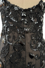 Incredible 1970s Christian Dior by Marc Bohan Demi-Couture Elaborately Beaded Black Lace Net Dress