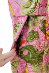 Stunning Fall 1970 Bill Blass Pink Quilted Silk Floral Pattern Metallic Dress w Banded Waist