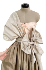 Dreamy Early 1980s Bill Blass Pink, Champagne & Taupe Silk One Shoulder Dress w Full Skirt