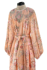 Incredible 1970s Hanae Mori Floral & Butterfly Peach Silk Chiffon Dress w Balloon Sleeves & Beading