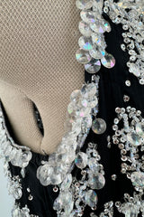 Incredible 1960s Adolfo Black Silk Chiffon One Shoulder Dress w Extensive Hand Bead & Sequin Detailing