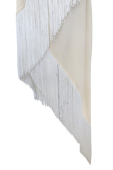 Recent Givenchy Ivory Crepe Silk Wrapped Angled Hem Dress w Cascading White Fringe