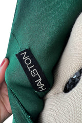 Sexiest 1974 Halston Couture Deep Green Silk Jersey Backless Dress w Front Plunge & Long Ties