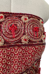 Stunning 1960s Paul Whitney Numbered Strapless Beaded Gold & Red Silk Brocade Dress