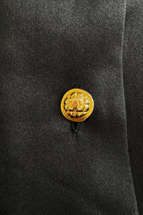 Spectacular 1990s Unlabeled Chanel by Karl Lagerfeld Black SIlk Dress w V Front & Logo Buttons