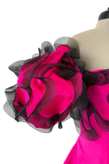 Book Documented Spring 1988 Bill Blass Bright Pink Silk & Black Net Ruffle Dress w Pouf Sleeves