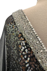 V Neck & Back 1990s Nina Ricci Black Silk Chiffon Caftan Dress w Sequin Bead & Rhinestone Detailing