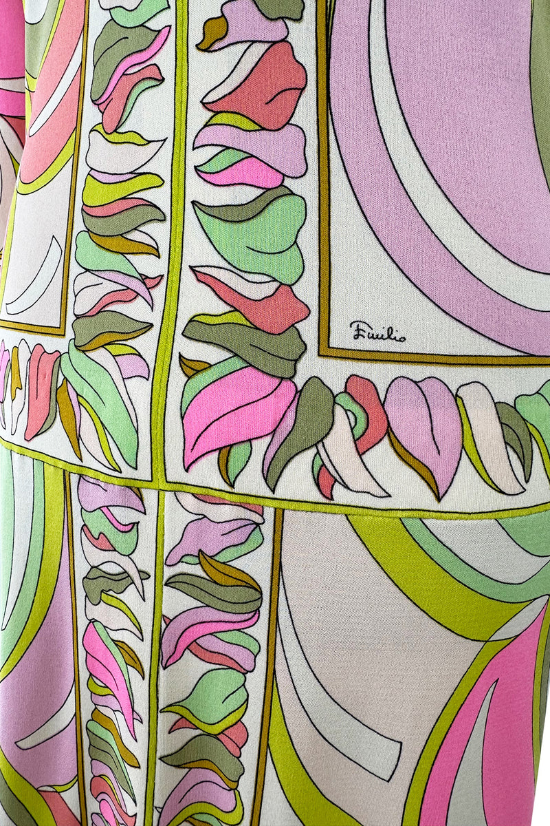 Prettiest 1960s Emilio Pucci Pale Pastel Curving Print Silk Jersey Dress w Contrasting Border
