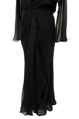 Minimalist Mid-1970s Halston Black Bias Cut Silk Chiffon Wrap Dress w Wide Sleeves