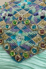 Incredible 1980s Mary McFadden Couture Pastel Teal Green Pleated Dress w Hand Beading