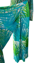 Phenomenal c.1972 La Mendola Hand Beaded Green Printed Caped One Shoulder Silk Jumpsuit