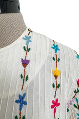 Fantastic 1960s Unlabeled White Cotton Hand Embroidered Mexican Caftan Dress