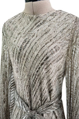 Exceptional 1970s George Stavropoulos Couture Bias Cut Grey Ribbon Silk Chiffon Dress w Sash