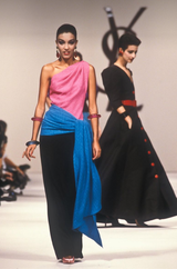 Iconic Spring 1985 Yves Saint Laurent Runway Pink & Black One Shoulder Dress w Blue Swag