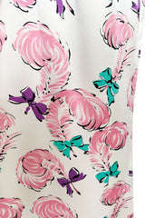 Dreamy Spring 1987 Yves Saint Laurent Off Shoulder Pink Feather & Bow Print Silk Dress