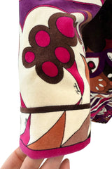 1960s Emilio Pucci Velvet Pink Purple & Brown Print Jacket & Flare Pant Suit Set