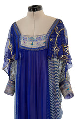 1960s Bloomingdales Label Royal Blue Silk Chiffon & Gold Thread Caftan