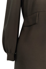 Elegant 1970s Madame Gres Haute Couture Chocolate Brown Day Dress w Full Sleeves & Collar