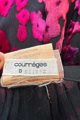 Prettiest 1970s Courreges Bright Pink Floral Velvet on Black Silk Chiffon Dress w Numbred Label