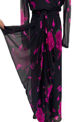 Gorgeous 1970s James Galanos Demi-Couture Silk Chiffon Dress w Vivid Pink Flower Print