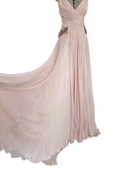c 2007 Roberto Cavalli Pale Ballet Pink Pleated Silk Jersey Dress w Front Plunge & Rhinestones