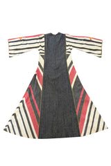 Fabulous 1960s Josefa Hand Muted Charcoal & Coral Cotton Caftan w Hand Embroidered Details