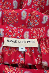 Prettiest 1970s Hanae Mori Red Print Light Silk Dress w Full Balloon Sleeves & Tiered Skirt