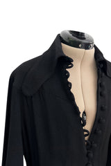 1969 Ossie Clark Bishop Sleeve Black Moss Crepe Dress w Button Front & Dog Ear Collar