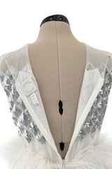 Fantastic Fall 2019 Huishan Zhang Silver Sequin on White Net & Organza Dress w Feather Detailing