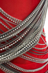Fabulous 2000s Versace by Donatella Red Crepe Dress w Rhinestone & Silver Chain Detailing