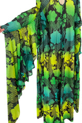 Magical 1970s Jean Varon Green Printed Dress w Elaborate Ruffled Sleeves