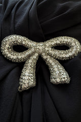 Beautiful 2000s Valentino Roma Black Bias Cut Silk Chiffon Dress w Front & Back Plunge & Silver Sequin Bow