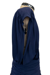 Resort 1986 Yves Saint Laurent Deep Plunge Front Blue Draped Silk Jersey Dress