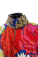 Fabulous 1970s Hanae Mori Bright Floral Print Jersey Pant & Top Set w Beading