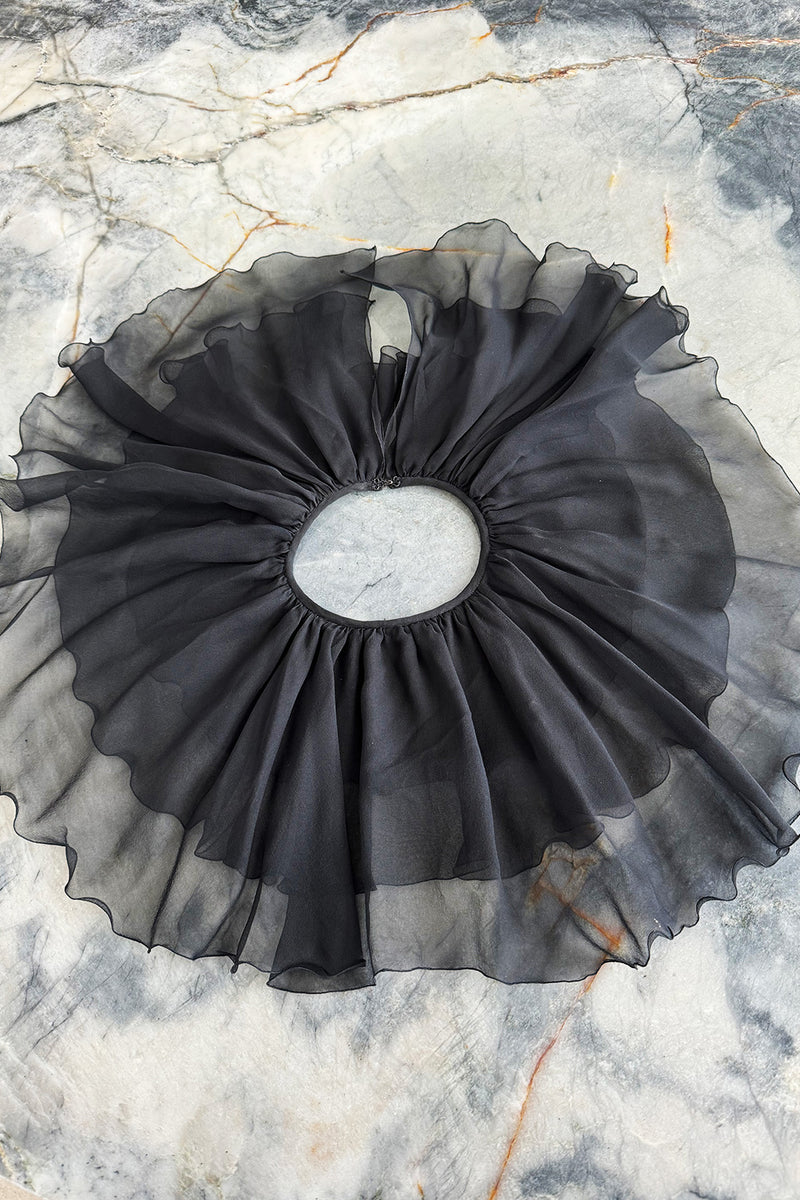 Superb Late 1970s James Galanos Multi Layer Black Silk Chiffon Dress w Removeble Ruffled Collar