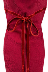 Exquisite Fall 1999 John Galliano Deep Red Bias Cut Patterned Silk Backless Dress w Velvet Ribbon Details