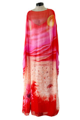 Incredible Spring 1978 Hanae Mori Brilliant Pink & Coral Sunset & Floral Caftan Dress & Cape Overlay