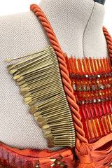 Iconic Spring 2011 Gucci by Frida Giannini Runway Look 41 Burnt Orange Silk Cord, Brass & Feather Dress