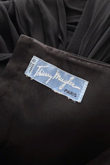 Incredible 1980s Thierry Mugler Black Layered Silk Chiffon One Shoulder Dress Flared Skirt Dress