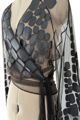 Amazing Spring 2001 Thierry Mugler Couture Runway Brown  Silk Net Wrap Top w Leather Detailing