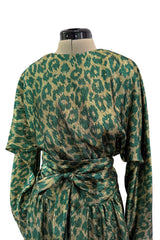 Incredible Fall 1979 Halston Runway Feather Light Green & Metallic Gold Lurex Dress w Original Belt
