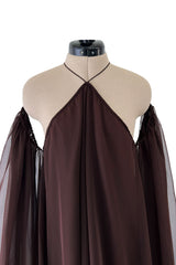 Extraordinary 1970s Yuki Brown Chiffon Caftan Dress w Open Shoulders & Incredible Sleeves