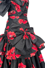 Specatacualr circa 1995 Nina Ricci Demi-Couture Strapless Floral Silk Taffeta Dress w Bow Detailing