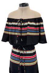 Spring 1977 Christian Dior by Marc Bohan Black Cotton Jersey Striped Off Shoulder Ruffled Dress