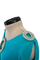 Spectacular Early 1970s Loris Azzaro Plunging Turquoise Silk Jersey w Open Rhinestone Rings