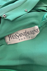 Iconic Spring 1985 Yves Saint Laurent Haute Couture Runway Pale Green Silk Dress w Front Plunge & Tie