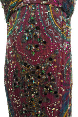 Exquisite 1965-66 James Galanos Couture Heavily Hand Beaded & Sequined Silk Print Dress
