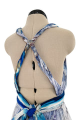 Resort 2010 Alexander McQueen Silk Chiffon Blue Print Dress w Plunging Front & Open Back