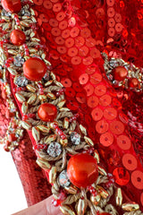 Bright Red 1980s Balenciaga Le Dix Sequin Jacket & Skirt Suit w Gold Braiding & Beadwork Detailing